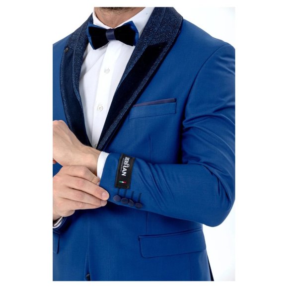 Derman Royal Blue Silvery Detailed Collar Tuxedo 3 Piece Set - Picture 3 of 6